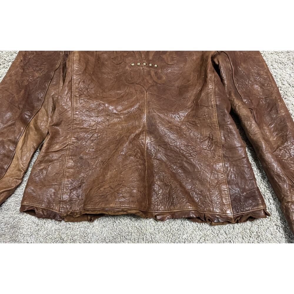 Vintage ZINI Brown Leather Blazer Jacket Leopard Lined Fleur De Lis Studded XS - Picture 6 of 11